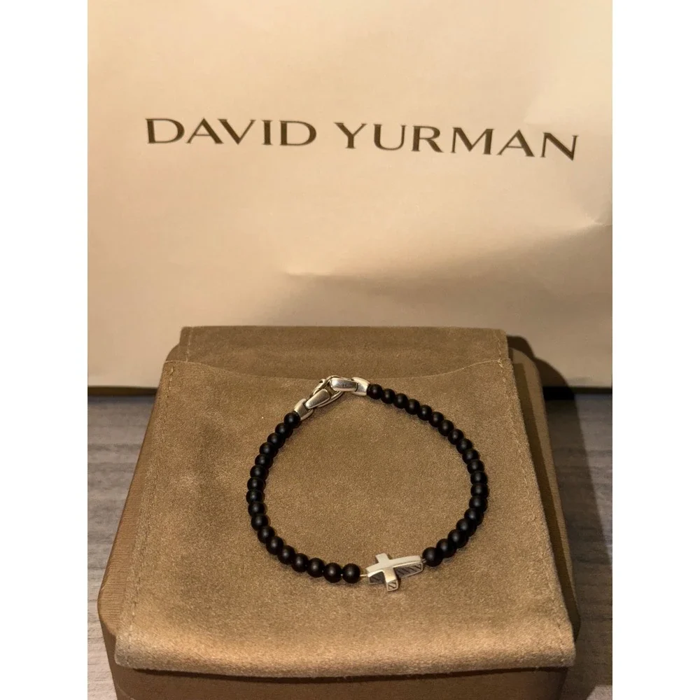 David Yurman Mens 4mm Black Onyx Spiritual Beads Cross Bracelet Sterling Silver